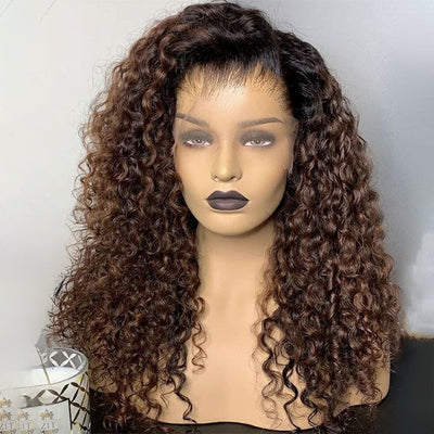 (Super Deal)Ombre Brown Curly Wig With Black Root Human Hair 6x5 Lace Wig Glueless Wig